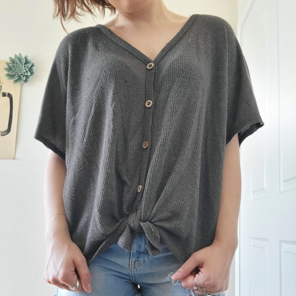 Gray Waffle Knit Tie Top